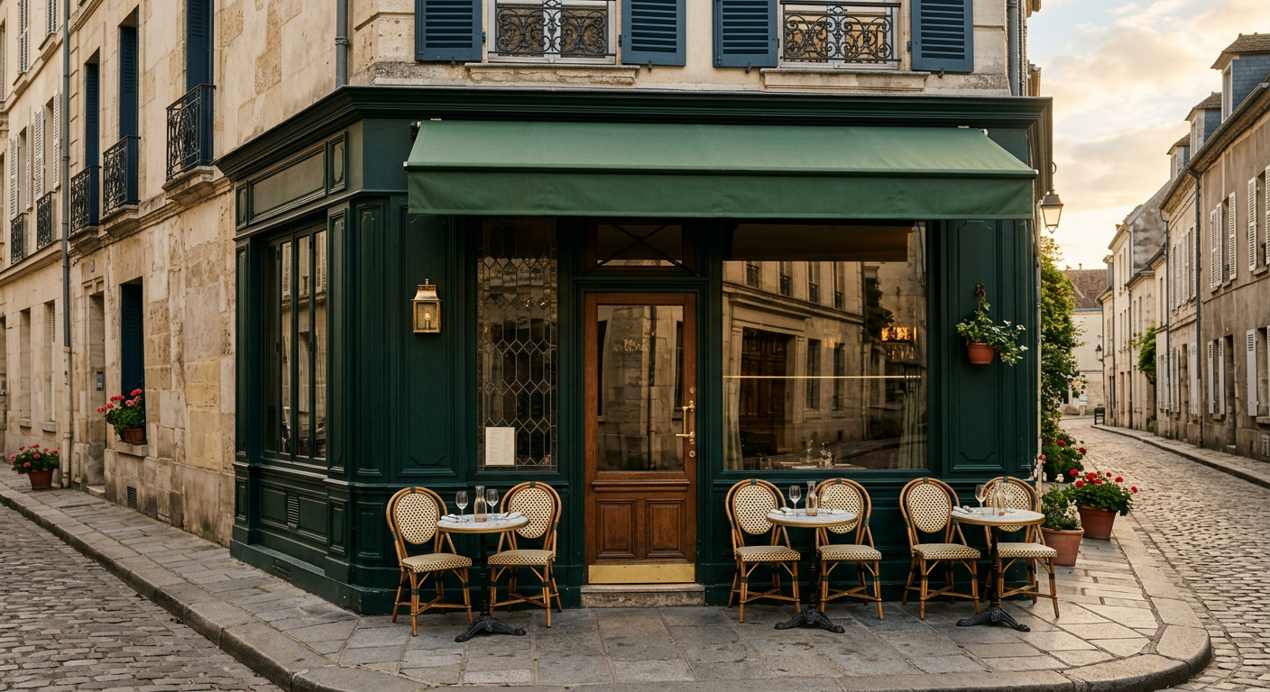 Devanture d'un bistrot parisien avec terrasse en rotin