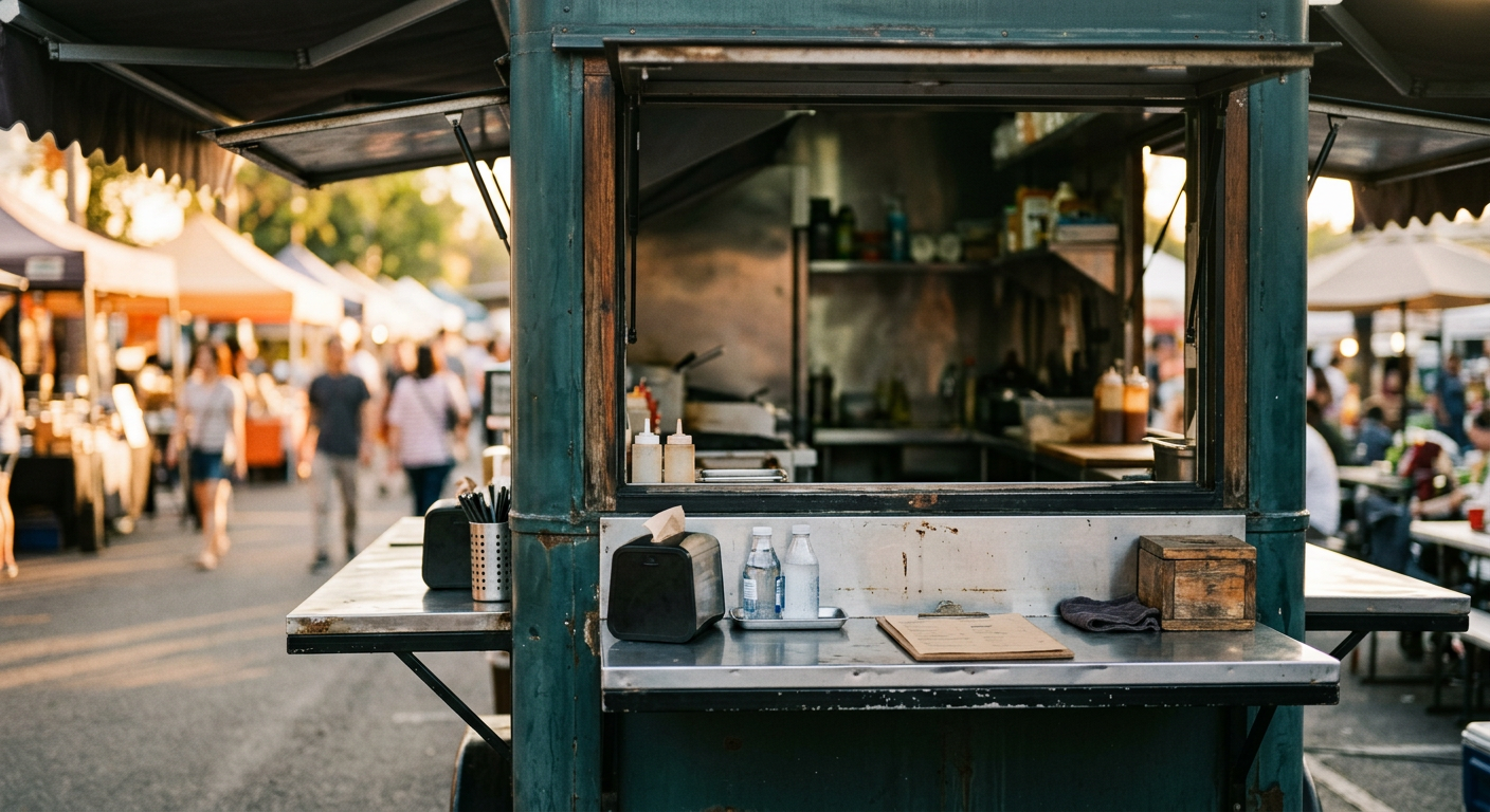 Fenêtre de service d'un food truck sur un marché